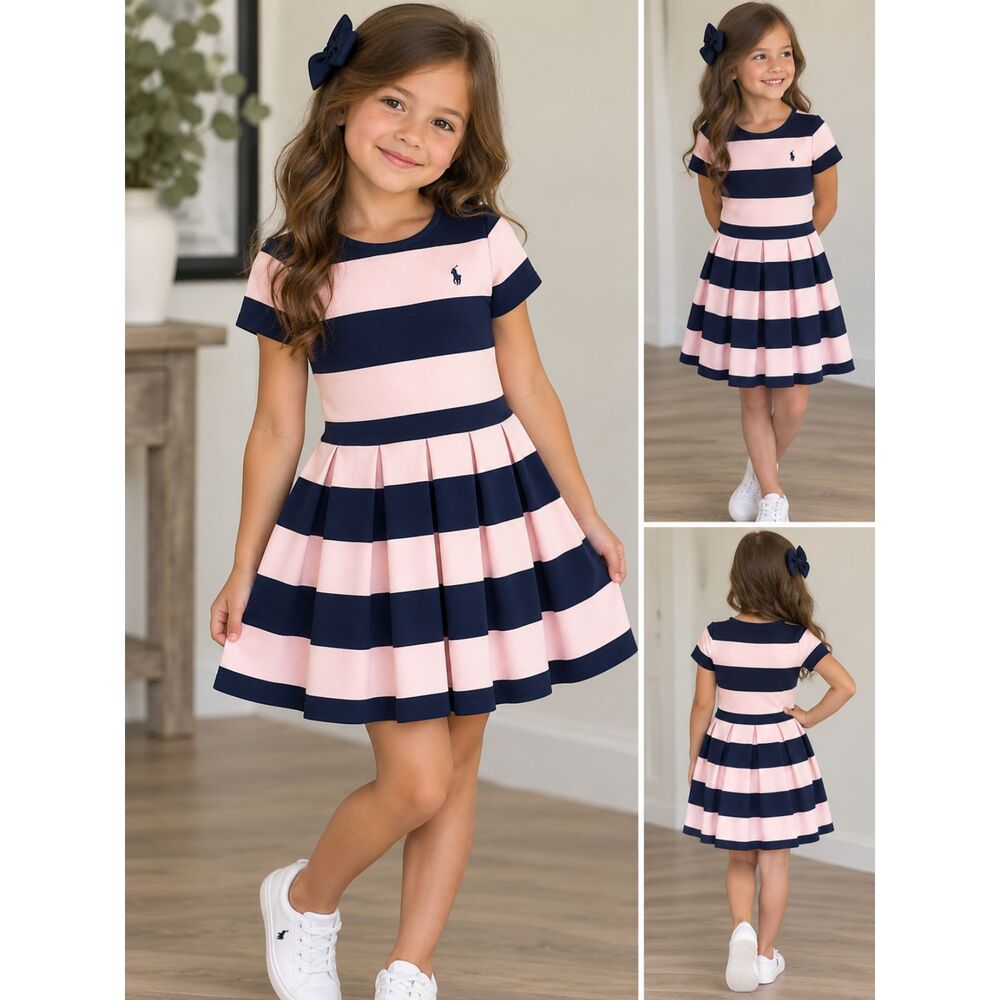 Polo Ralph Lauren Girls Striped Pleated Dress Pink Navy Size L 12-14